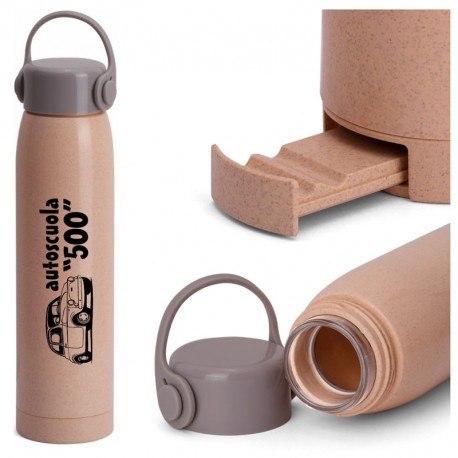 Art. 8414 - Borraccia  porta cellulare in Acciaio e Paglia di Frumento da 380 ml.